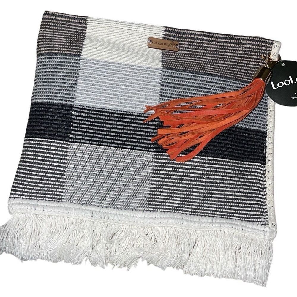 Loo Loo‎ Bags Homemade Natural Boho Fringe Removable Tassel NWT Gray White 11” x